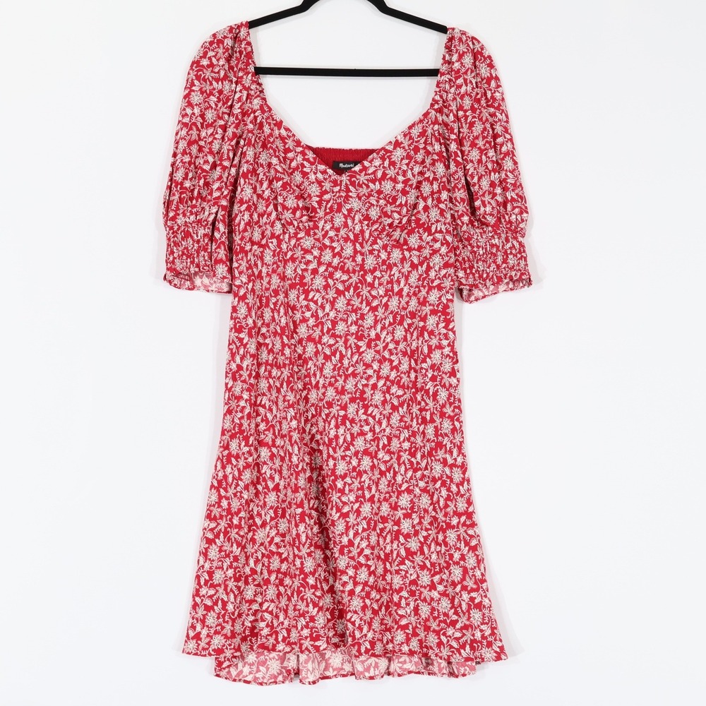 Madewell Floral Puff Sleeve Mini Dress Womens 12 Red Sweetheart Flowy $69.99 NWT